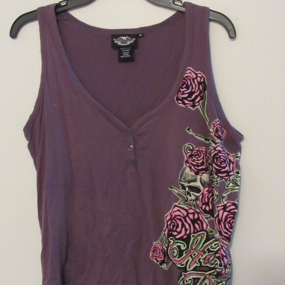 Harley Davidson Motor Clothes Tank Top Women's XL Purple Skull and Roses Design - Picture 1 of 6